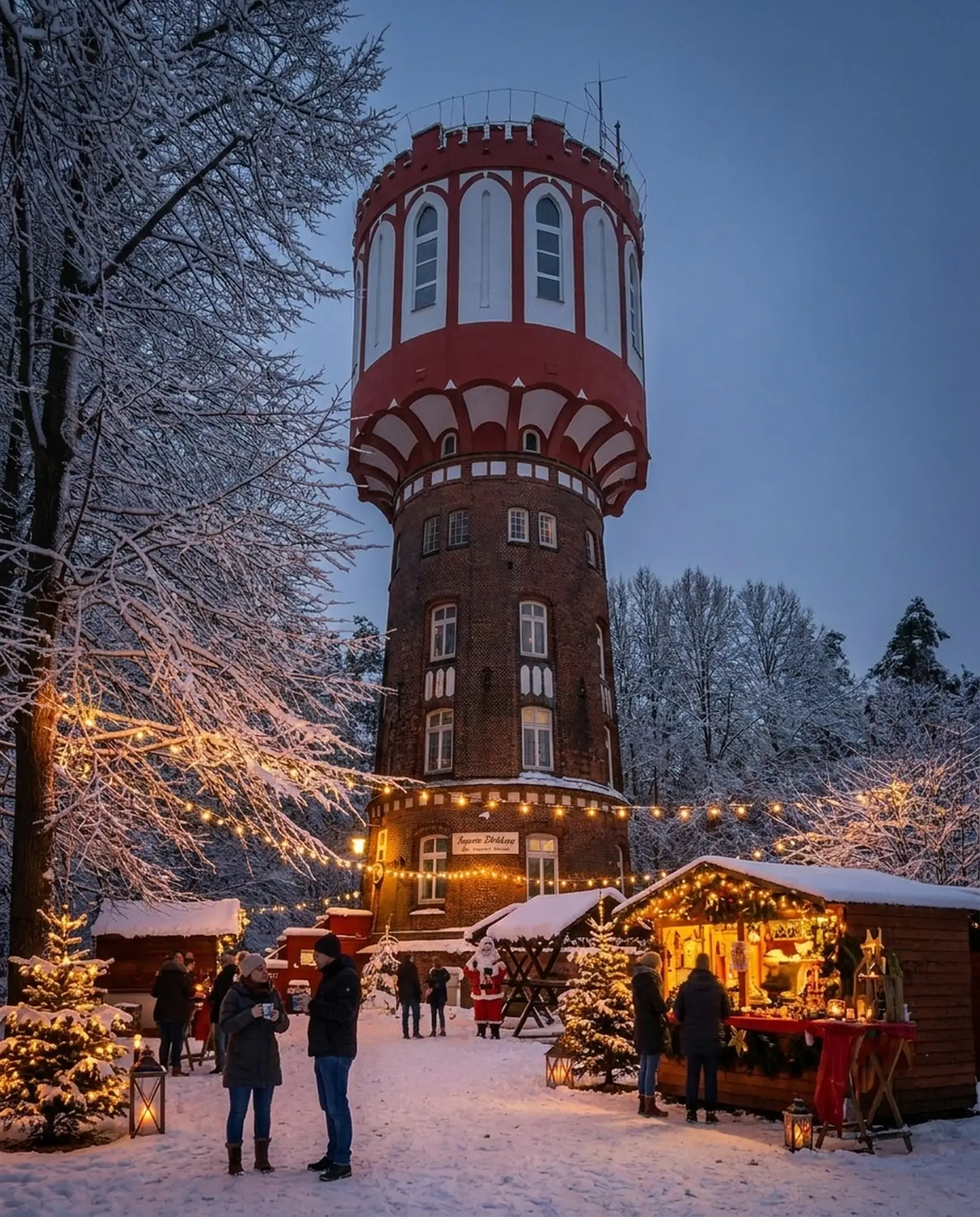Der beleuchtete Wasserturm Lohbrügge am Abend